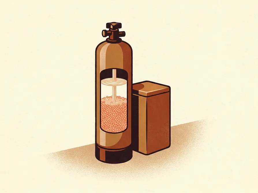 A tall mineral tank with a valve head on top, standing beside a shorter brine tank on bare ground, a cutaway in the tall tank showing resin beads under clear water.